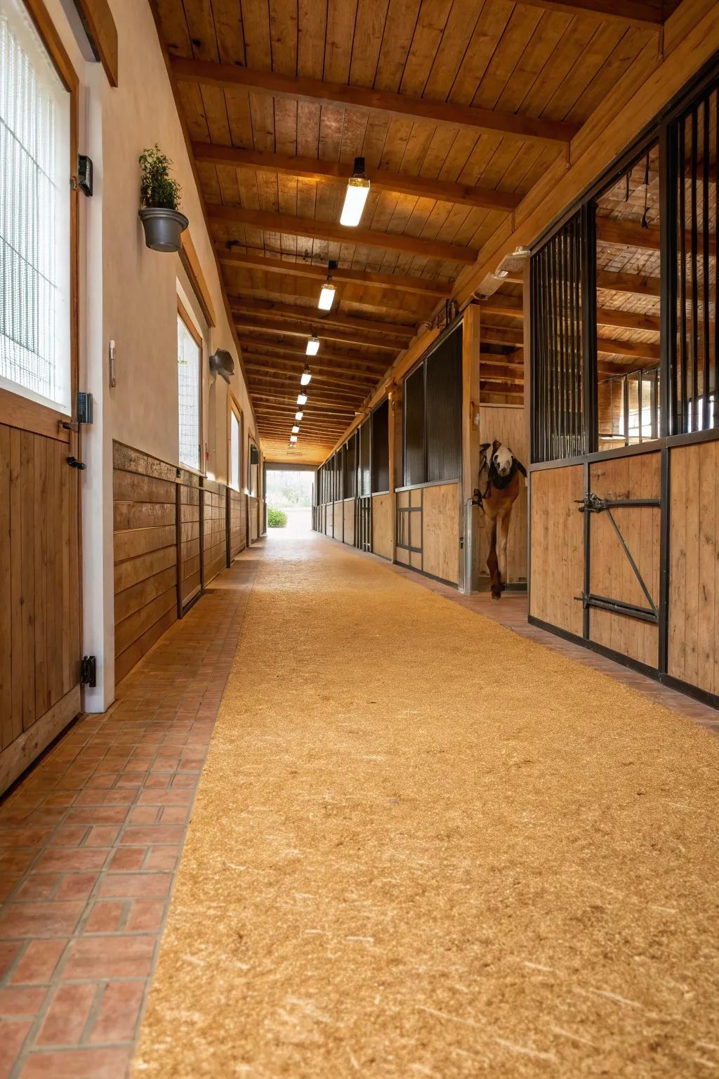 Cork flooring provides a sustainable and comfy choice for horse barn routes.