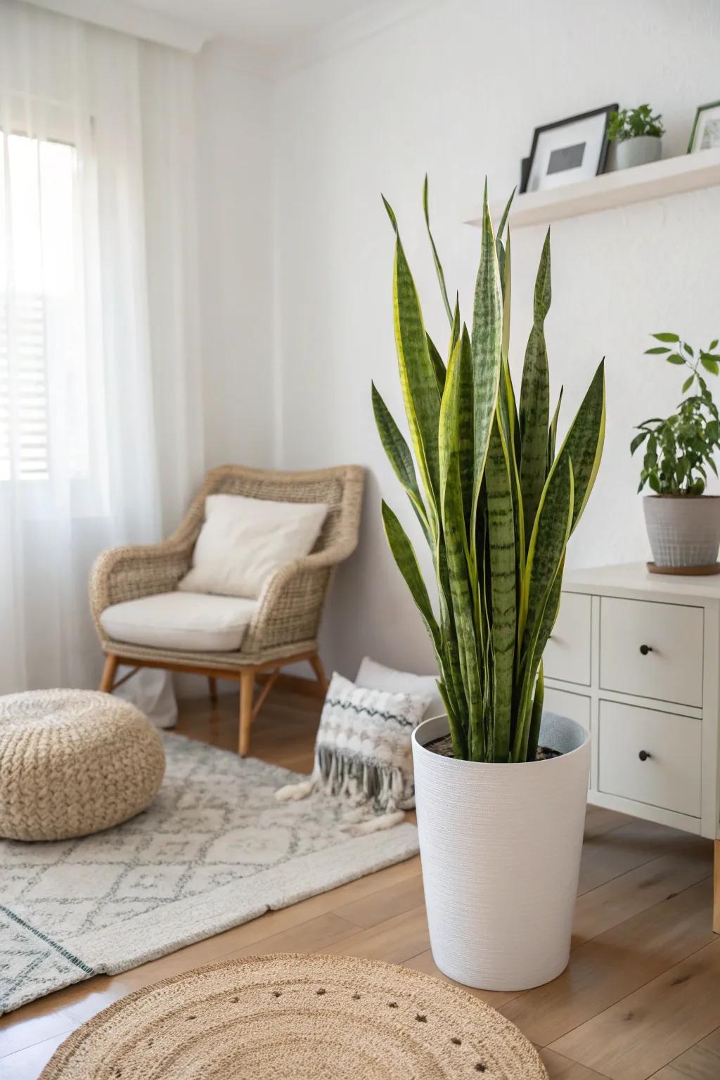 A mother-in-law's tongue complements minimalist design with its crisp lines.