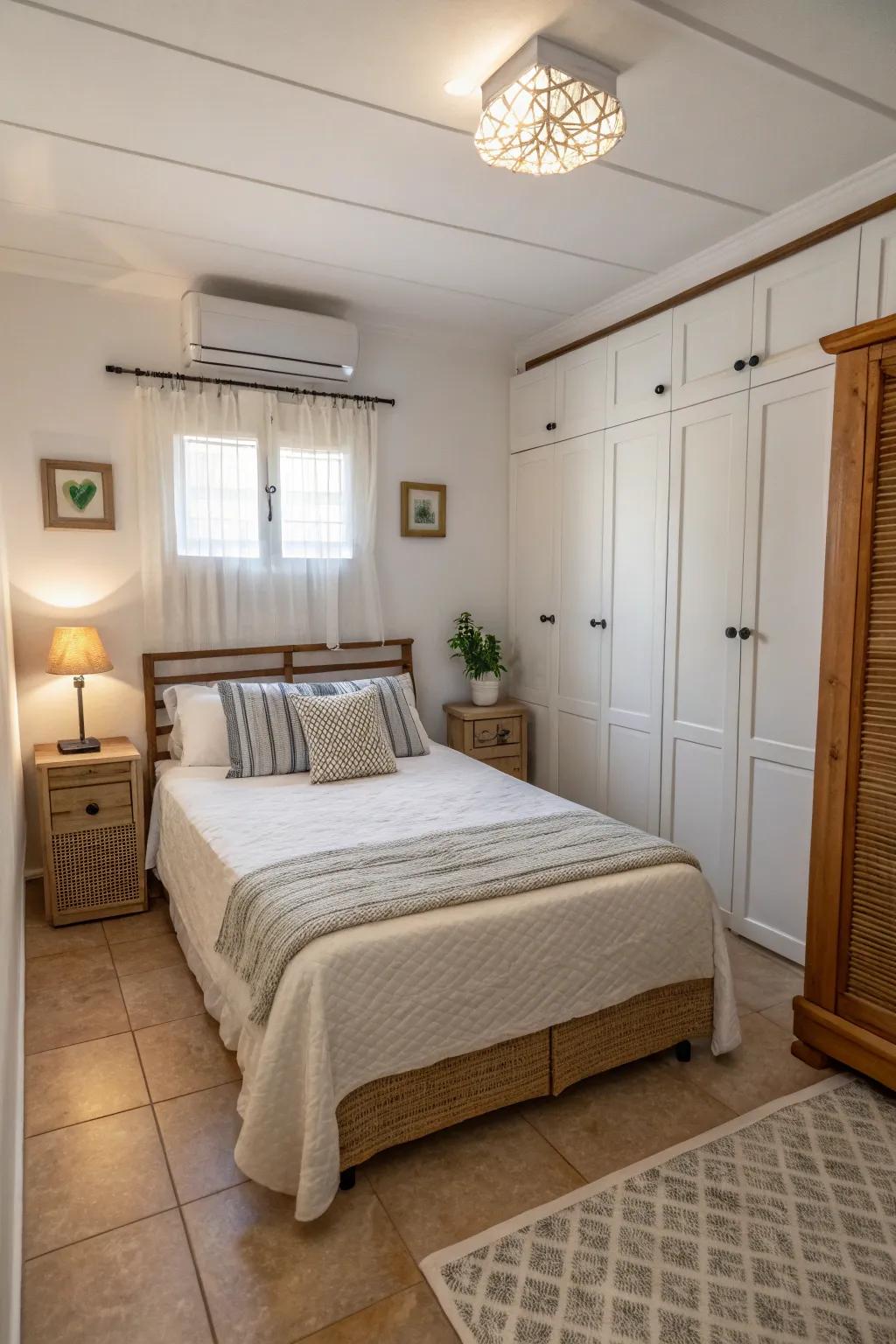 An effective layout with a centered bed to optimize space in a small bedroom.