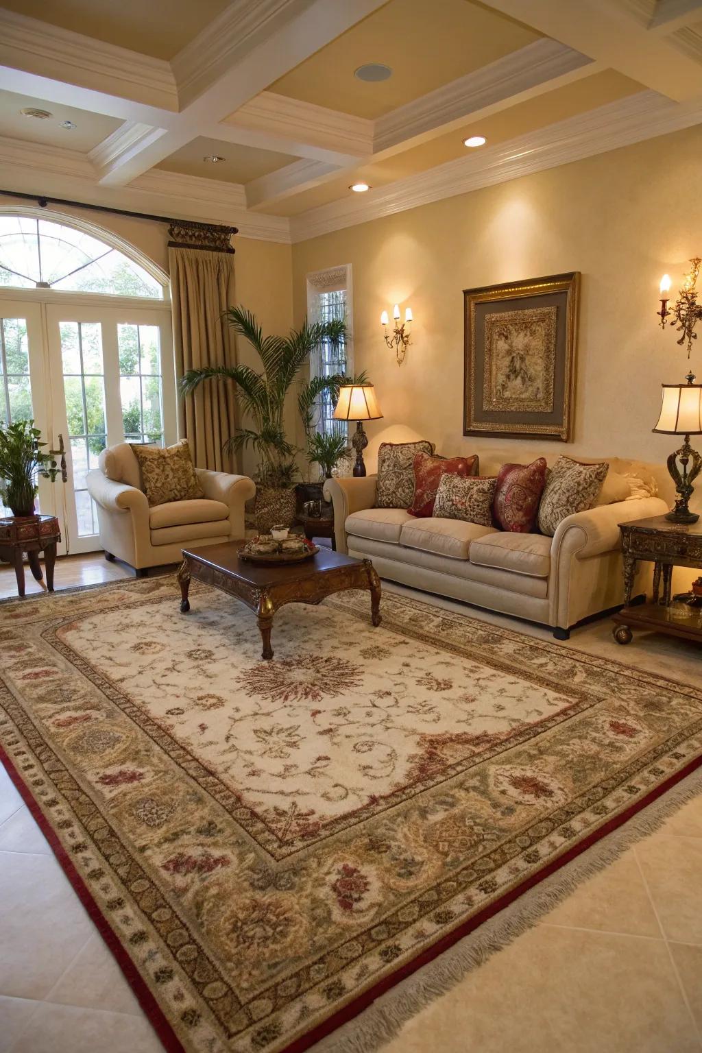 An area floor covering elegantly defining the living area's seating zone.