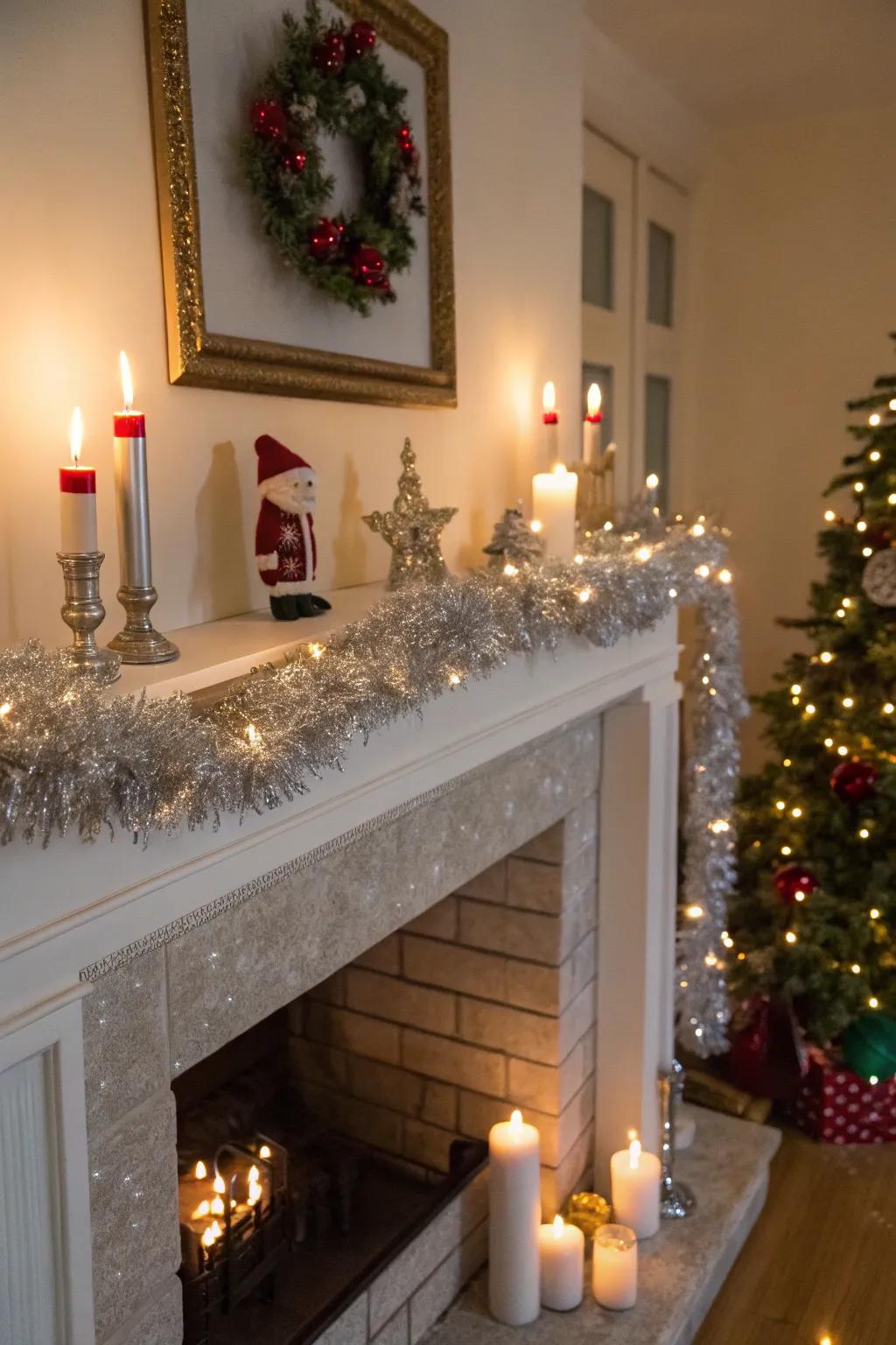A fireplace mantle adorned with glimmer strands and celebratory accents.