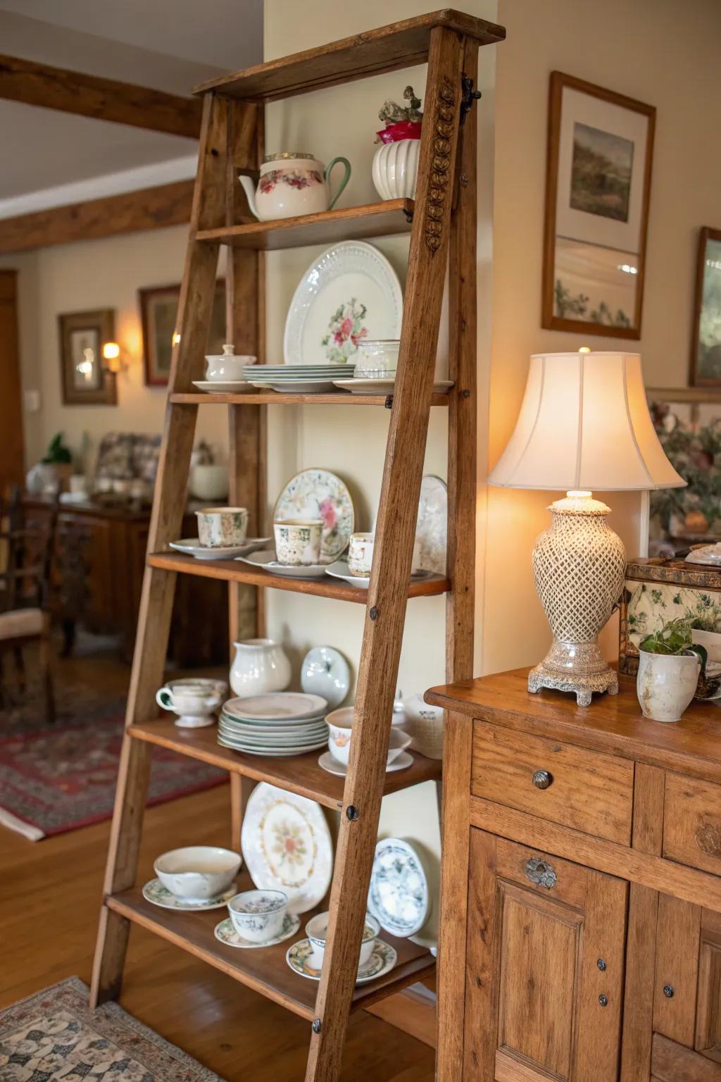 A country ladder stand displaying a charming collection of dishware.