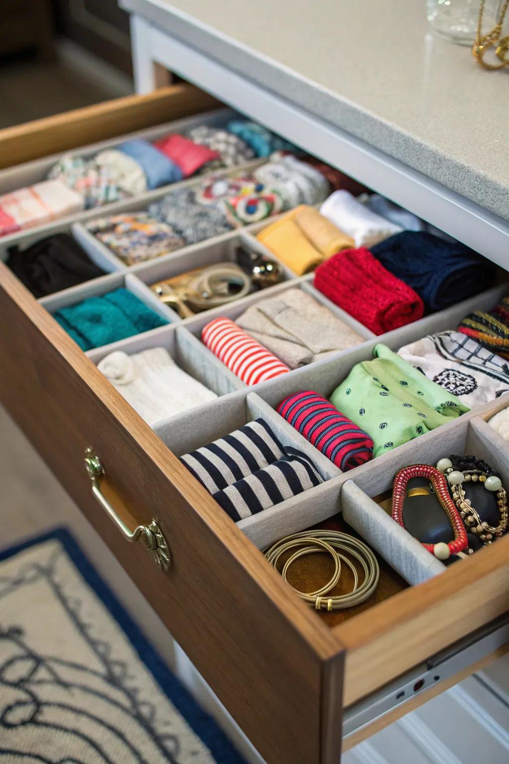 A versatile drawer combines varied goods for optimized space utilization.