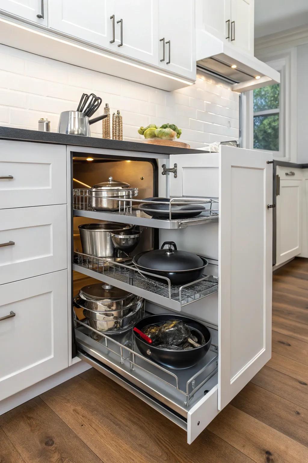Pull-out shelves offer effortless entry to deep cabinet areas.