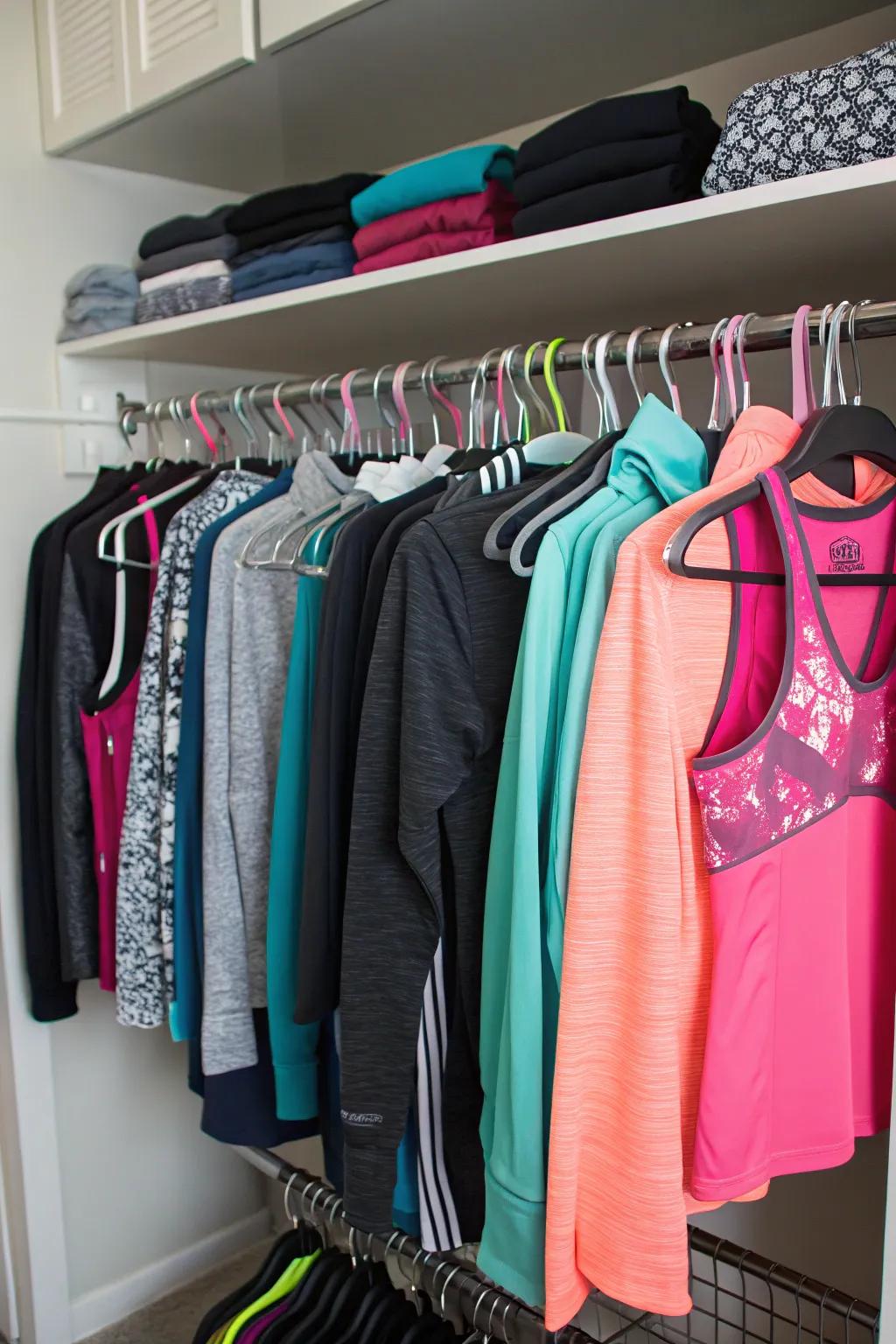 Jackets and tops hanging nice and neat, ready to roll.