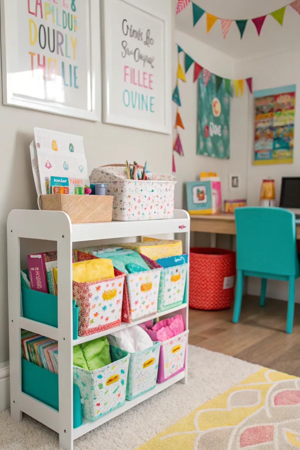 An inventive utilization of a toy organizer for tissue paper storage.