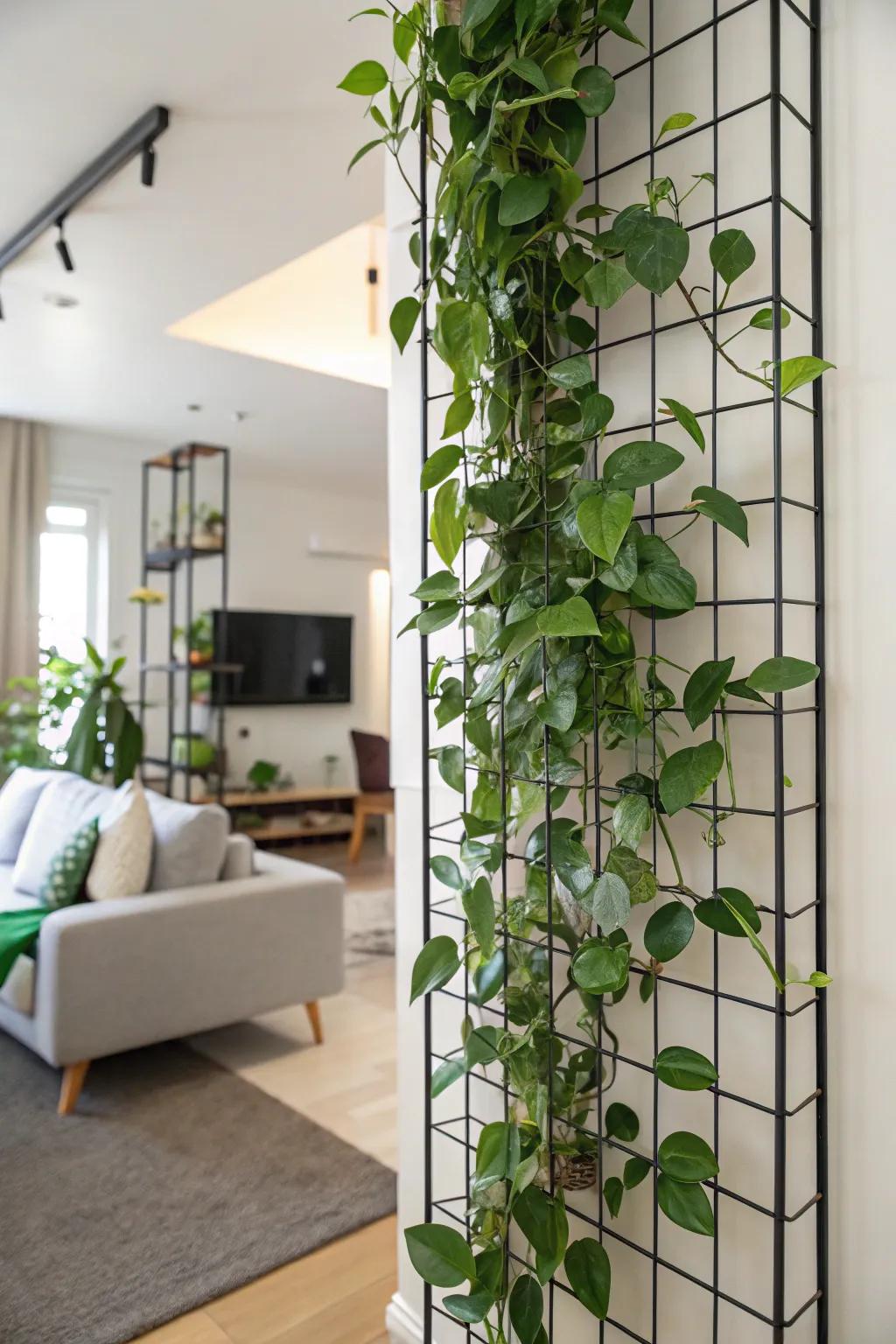 A small living space showcasing a wax plant on a skyward garden panel.