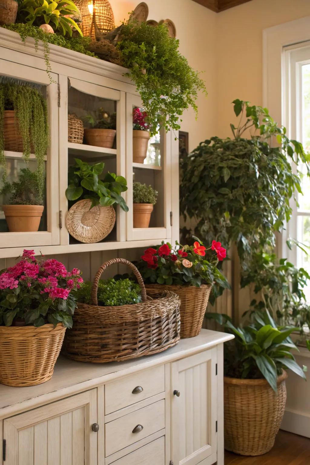 With a plant-filled china cabinet top, you can bring the outdoors inside.