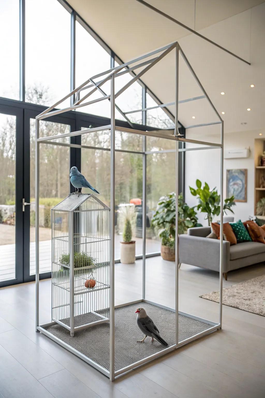 Sleek and fresh, an aviary using understated metal framework.