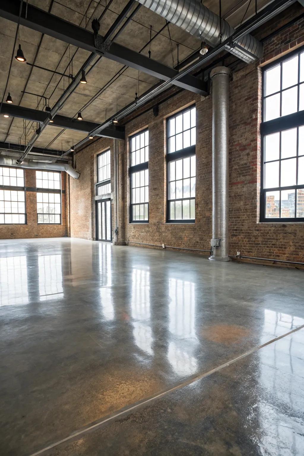 A shimmering finish across a concrete floor imparts a modern industrial advantage to this open-plan area.