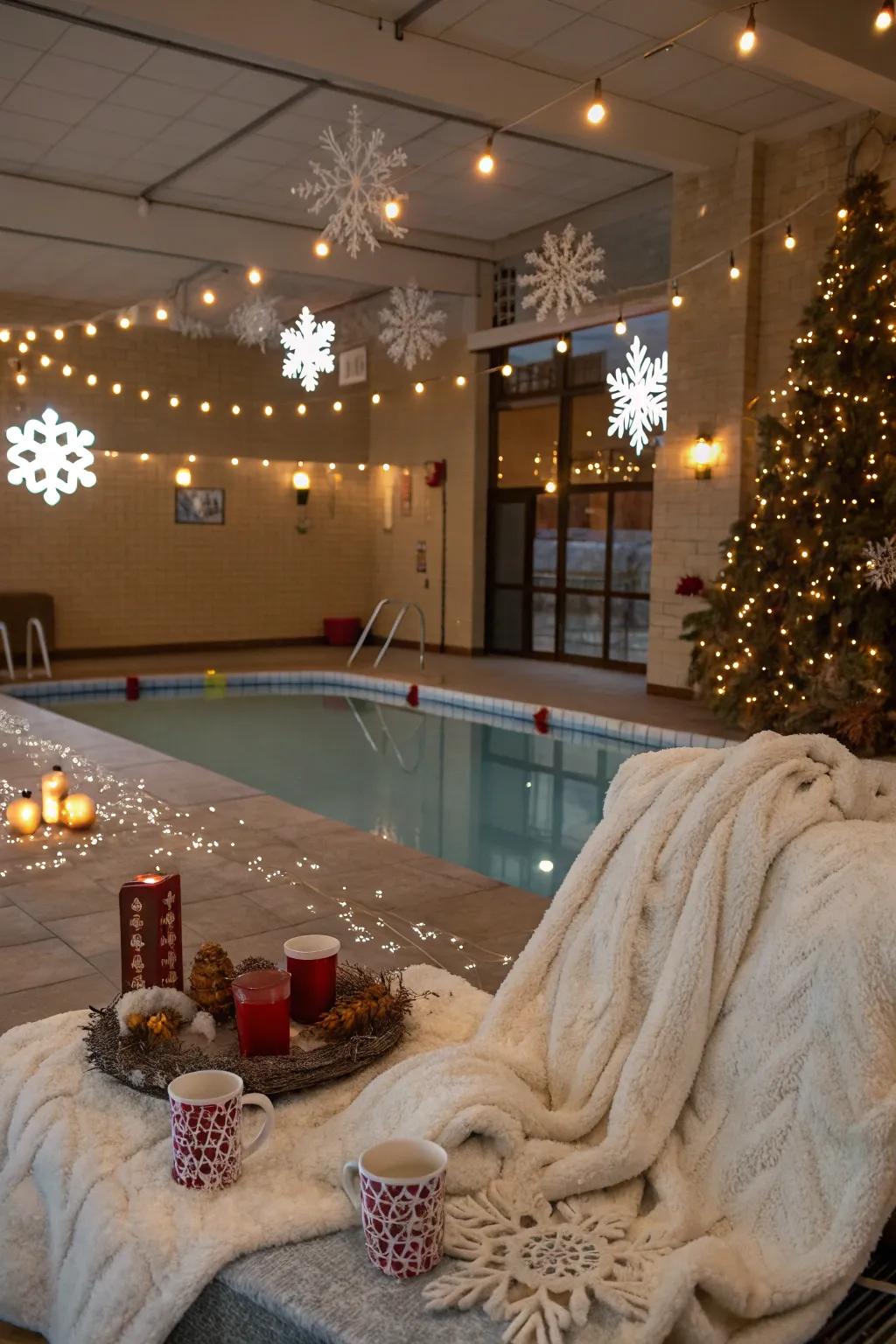 Transform your indoor pool space into an inviting winter retreat with tasteful seasonal decor.