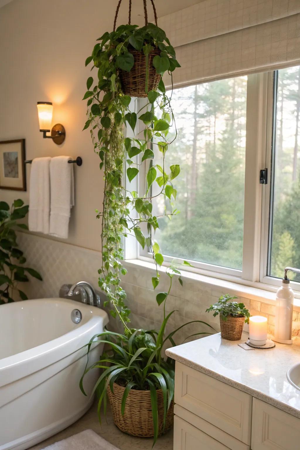 Establish a spa-esque ambiance with bathing space emerald vines.