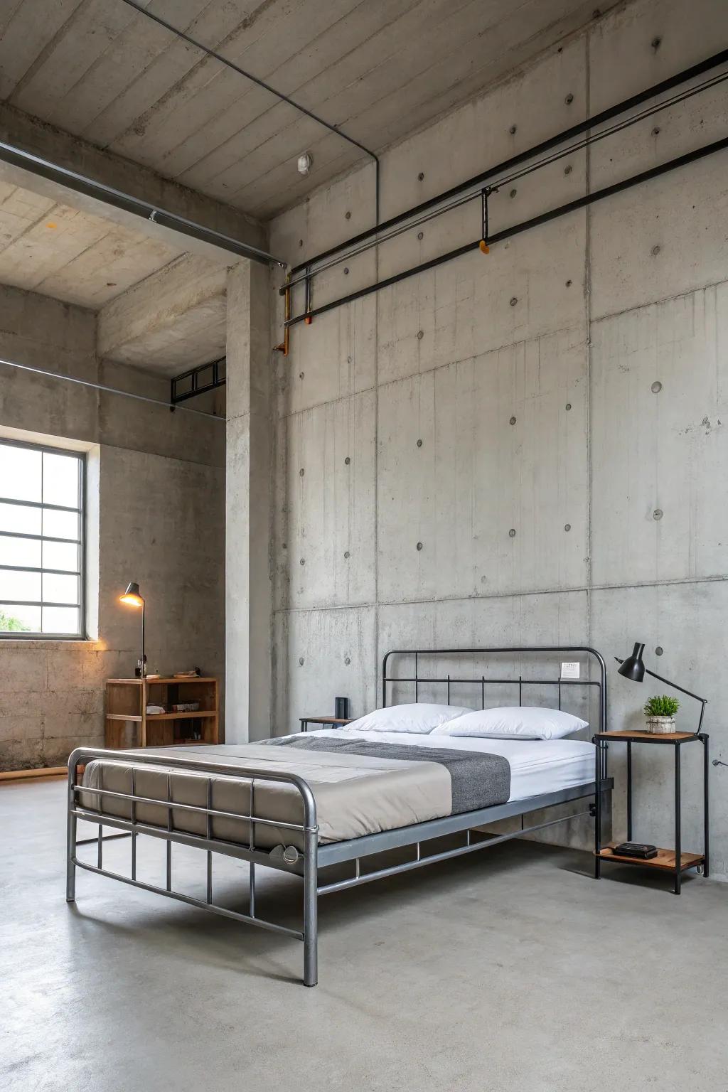 Minimalist furnishings complement the industrial aesthetic without overpowering it.
