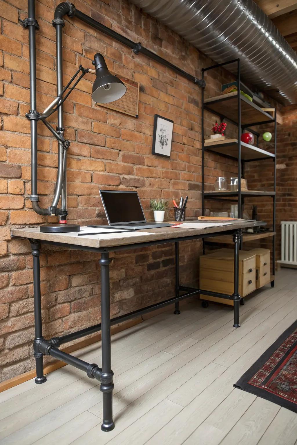 Metallic tube supports give the desk a raw, industrial appeal.
