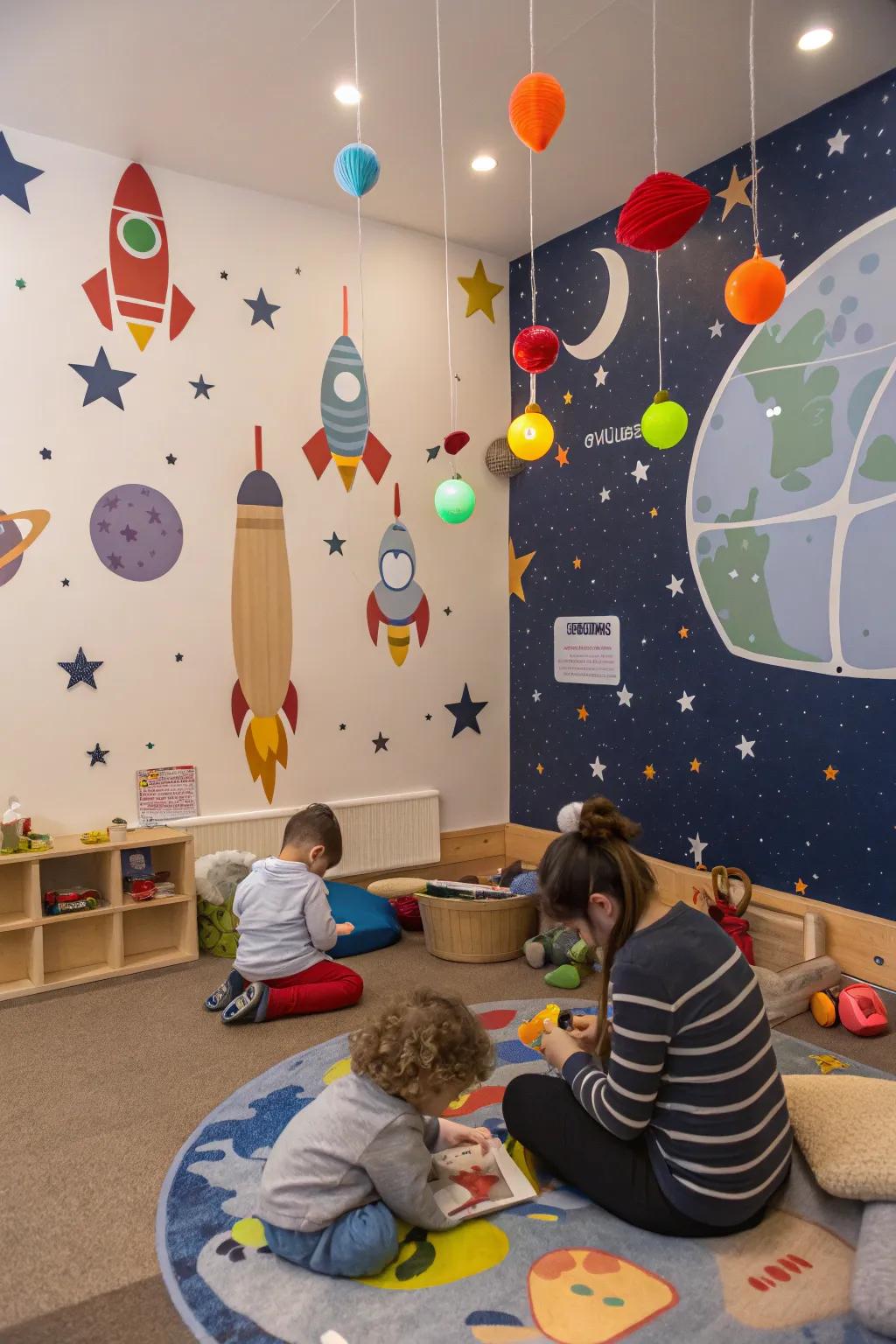 A cosmic adventure awaits inside this space-themed classroom.