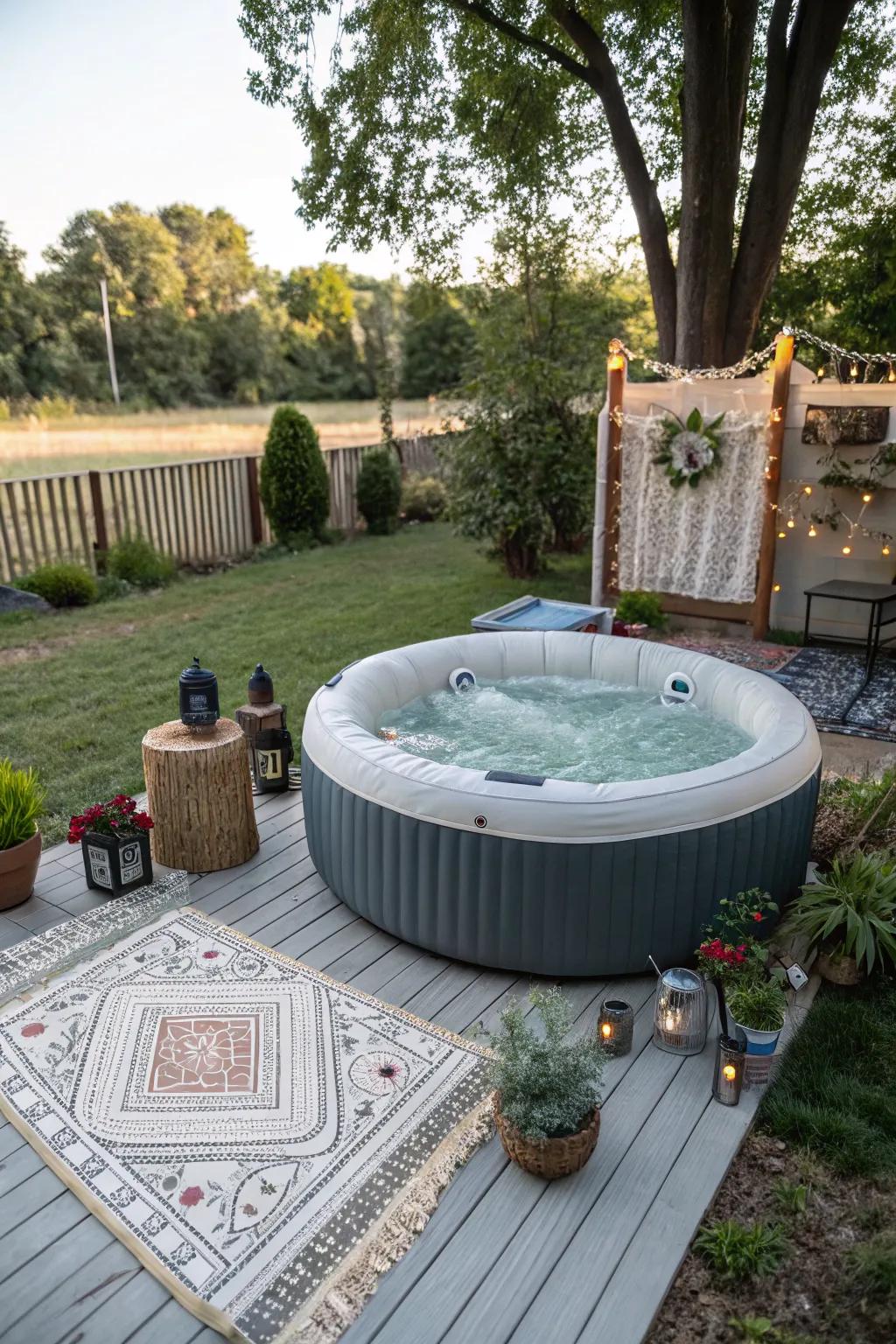 Exterior embellishments append charm to the bubbling tub area.