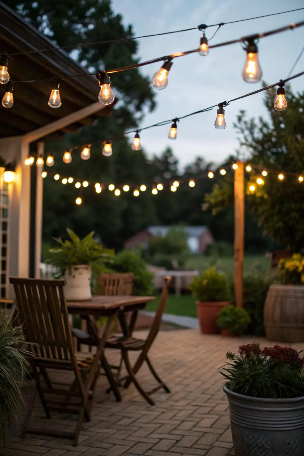 String lights create a warm and welcoming atmosphere on an Italian patio.