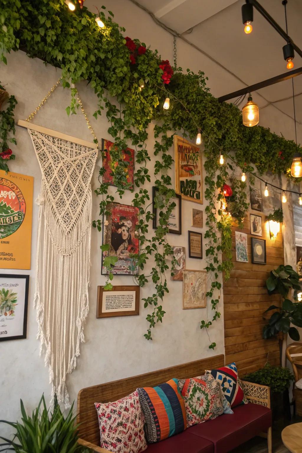 A bohemian ivy wall featuring diverse decorations crafting an artistic and snug vibe.