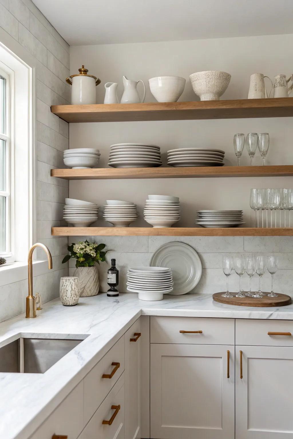 Exposed shelving fosters an open and welcoming kitchen environment.