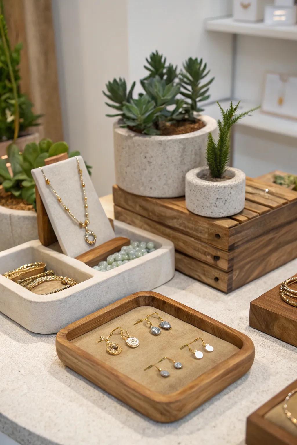 Organic accents introduce warmth to ornament exhibits.