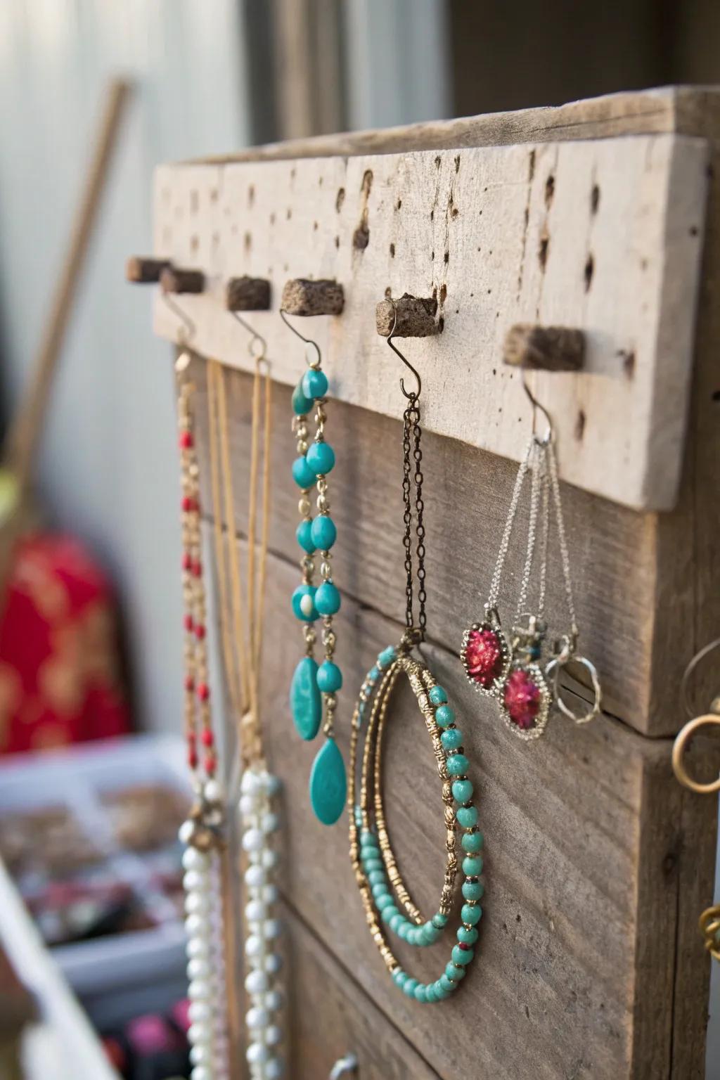 Handcrafted, rustic-style jewelry holder