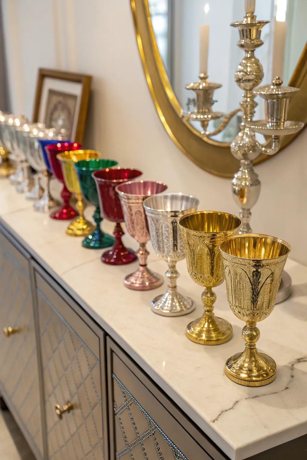 Consecration goblets creatively presented on a console table.