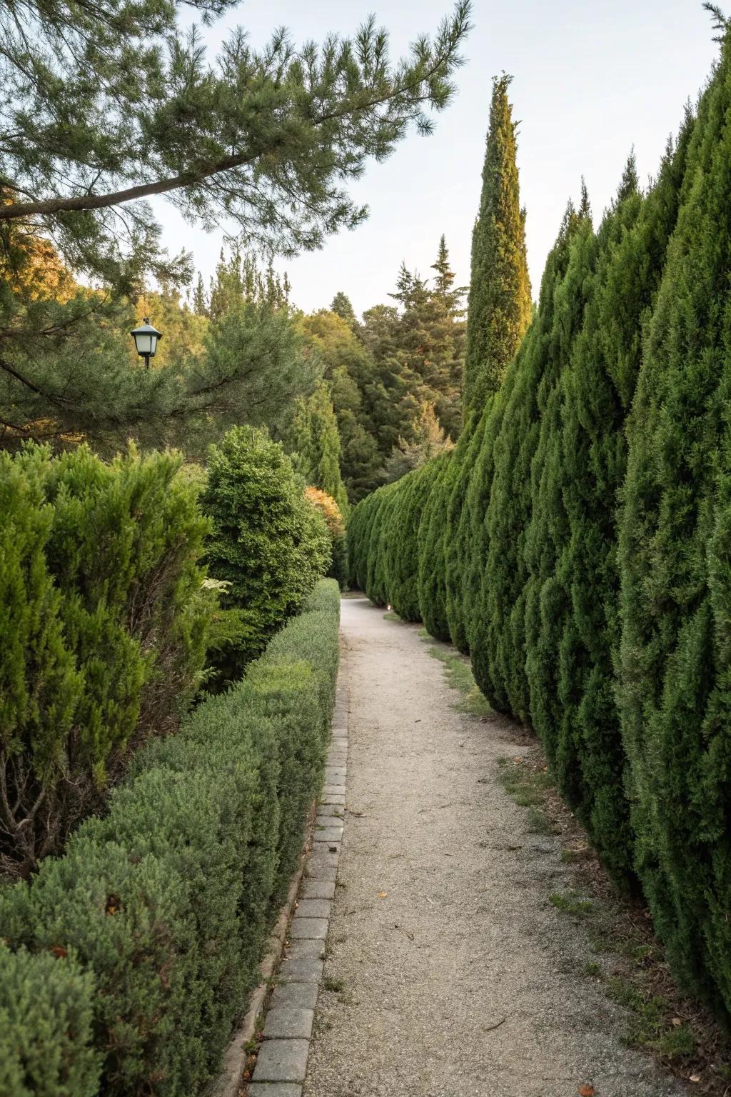 Inviting garden route lined with evergreens