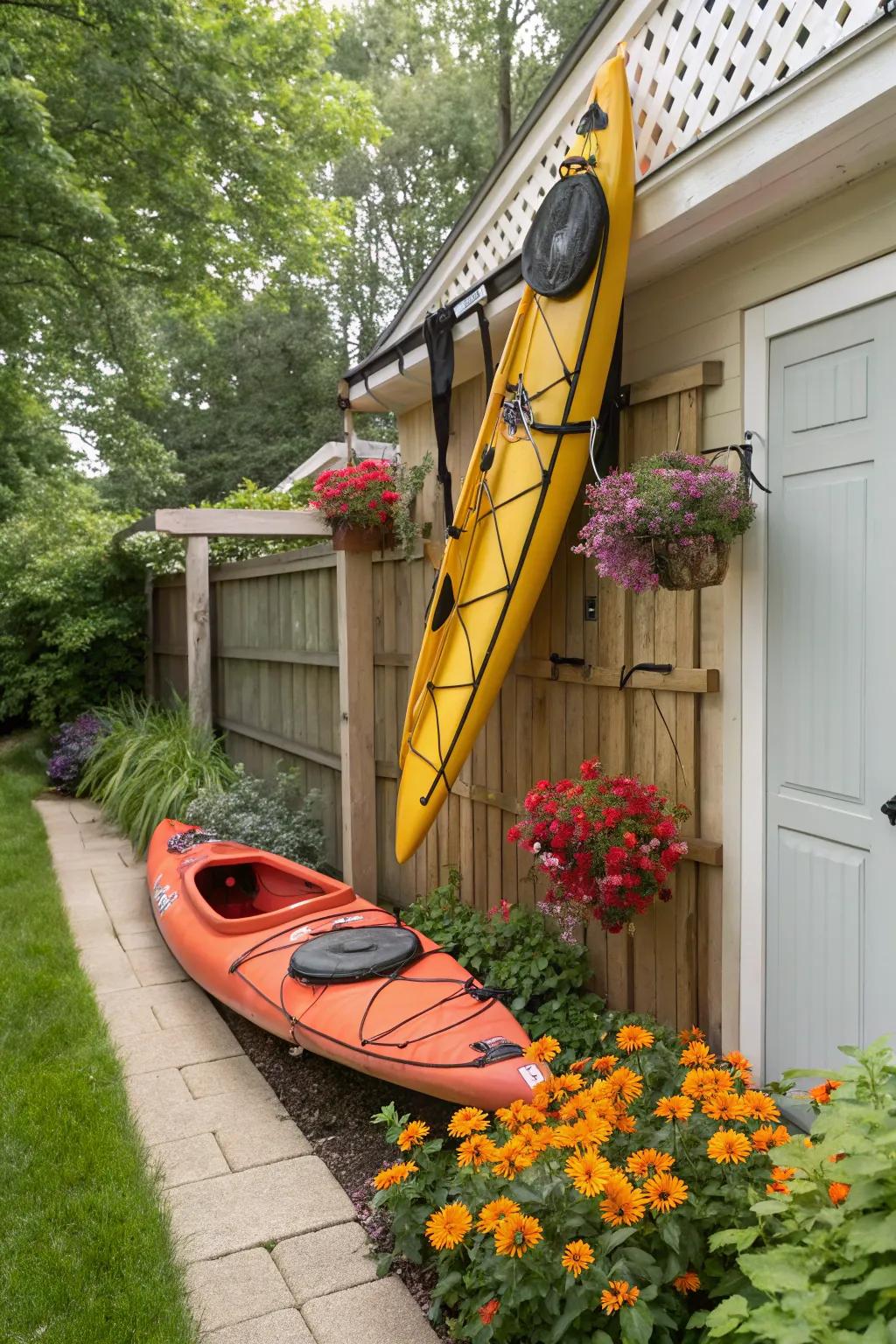 Canoe stored vertically in a small space.