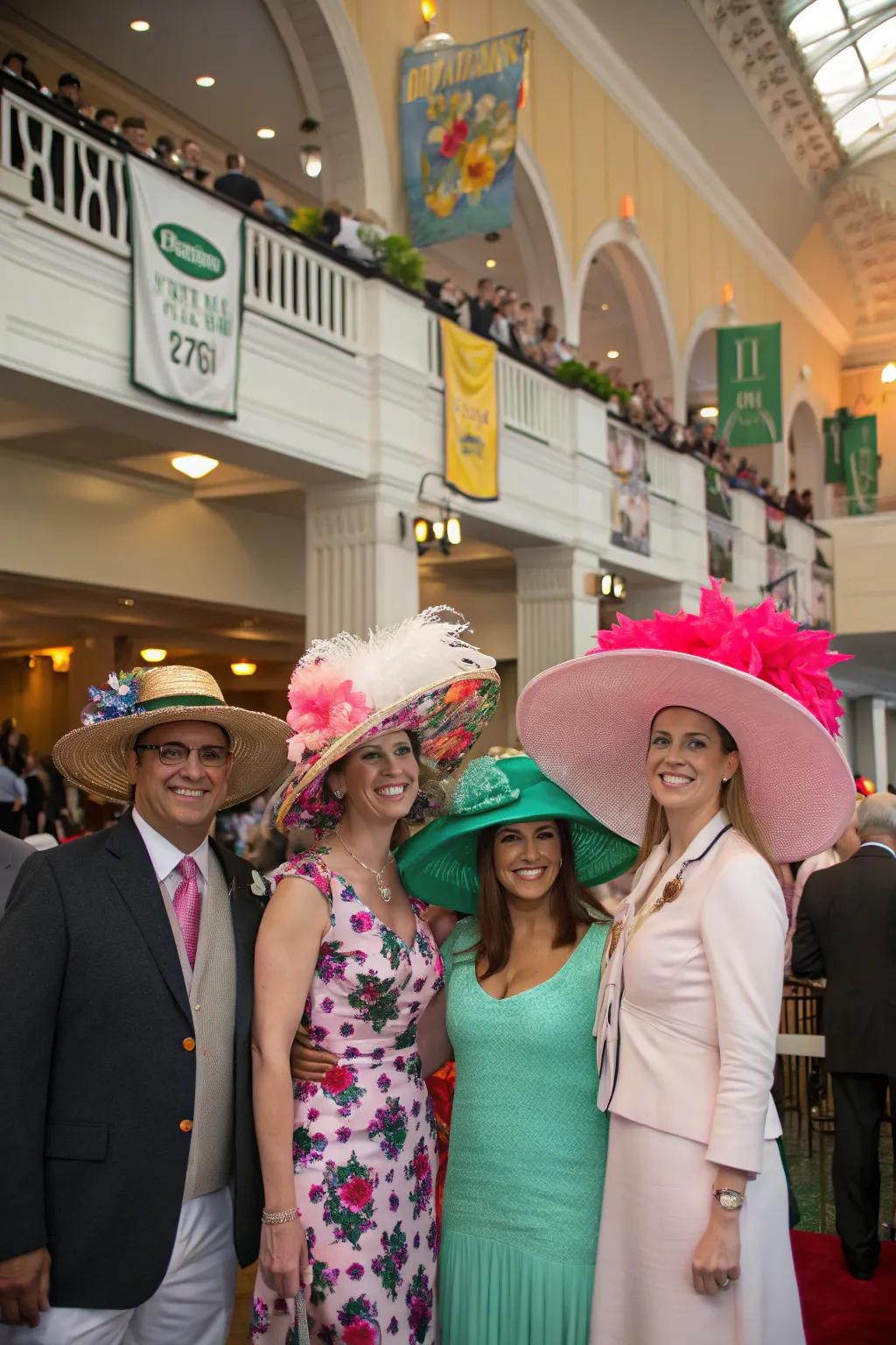 Attendees displaying their inventive Run for the Roses hats at a themed celebration.