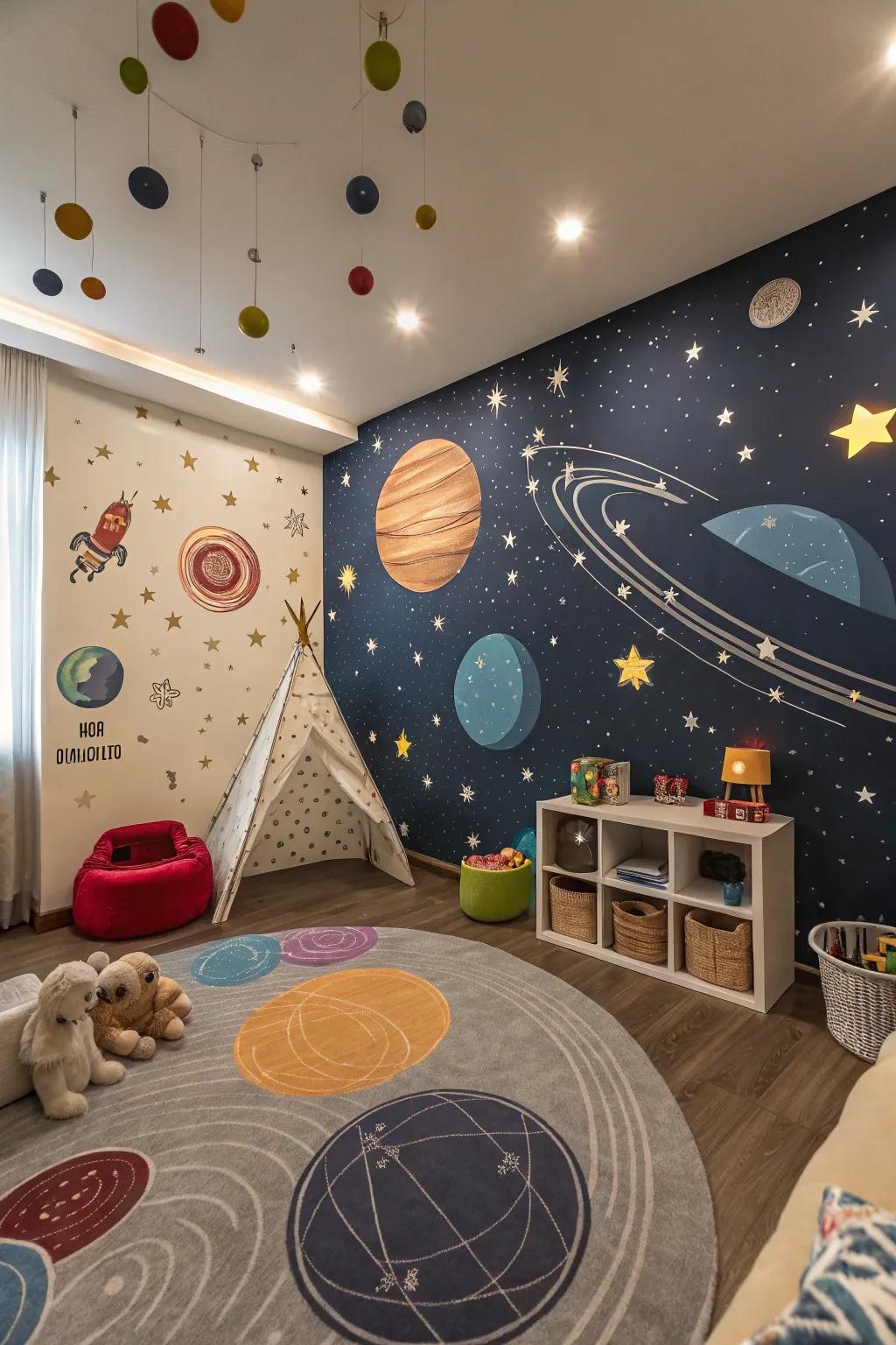 A playroom that takes you on a space voyage with its cosmic-themed decor.