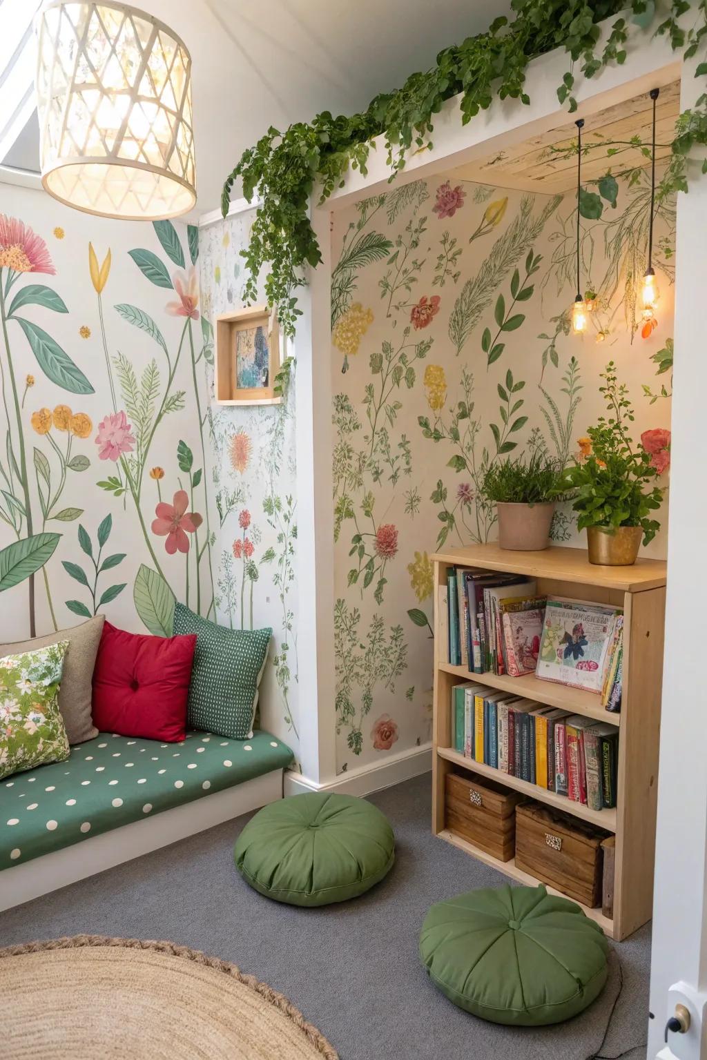 A garden-inspired reading corner, transporting nature's charm indoors.