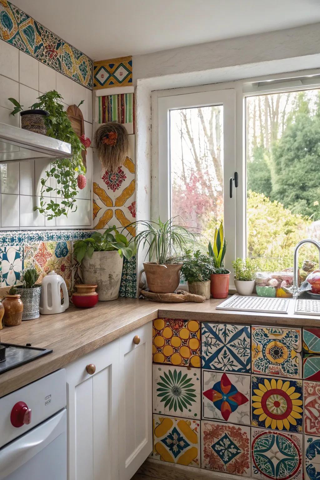 A colorful tile and window arrangement that brings a burst of personality to the kitchen.