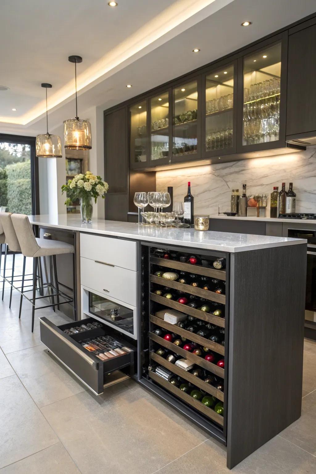 Integrate savvy storage for an uncluttered kitchen bar.