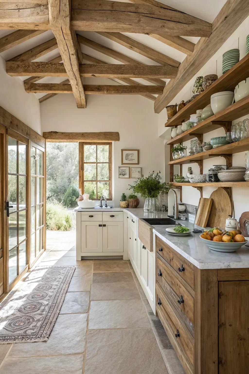 Exposed shelves paired with beams maintain an airy feel in the kitchen.