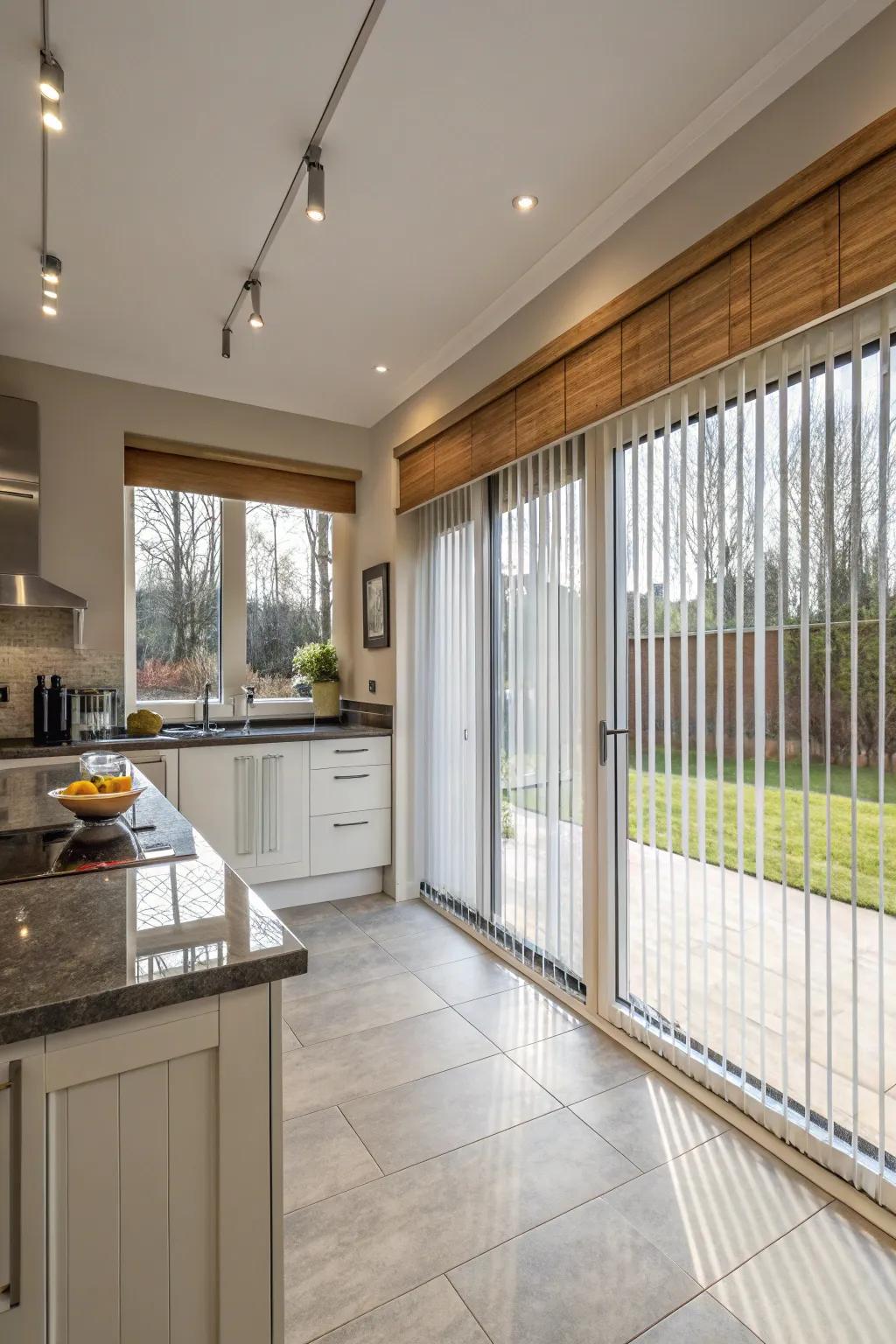 Modern lengthwise window treatments in a spacious kitchen