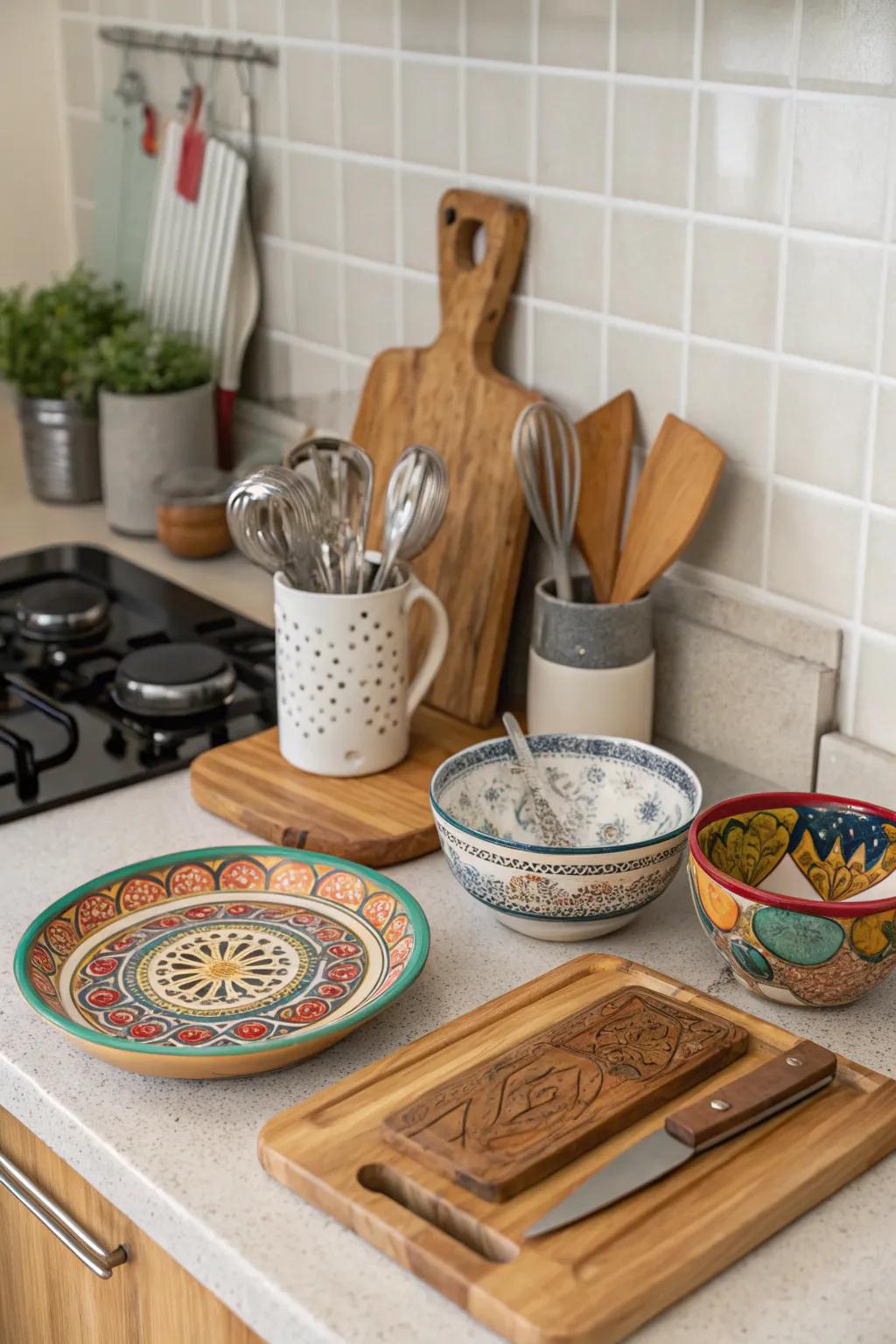 Layered textures adding richness to kitchen decor.