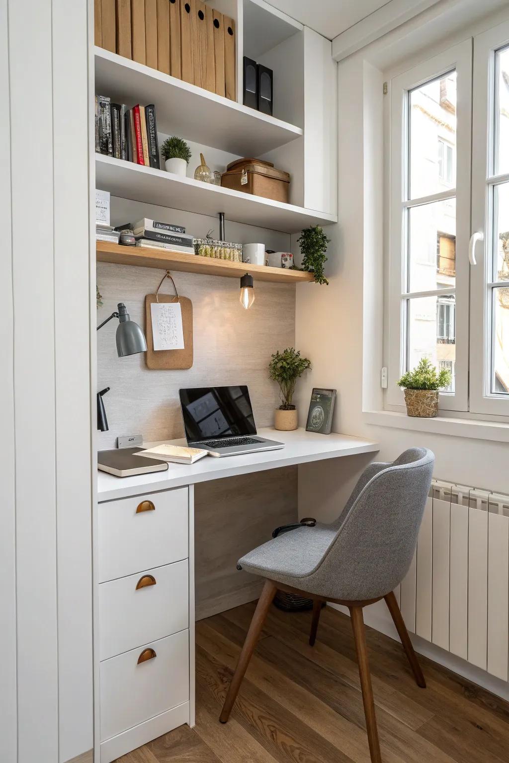 A compact kitchen desk design that makes efficient use of a small space.