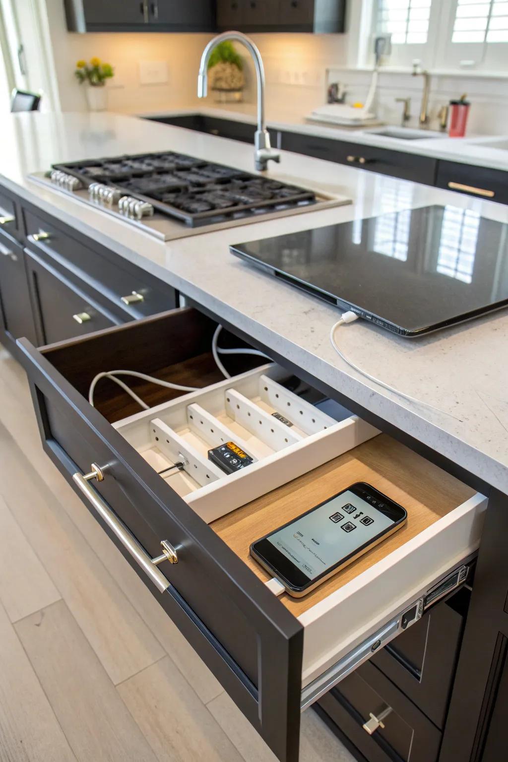 In-drawer connectors ensure devices are charged and hidden.