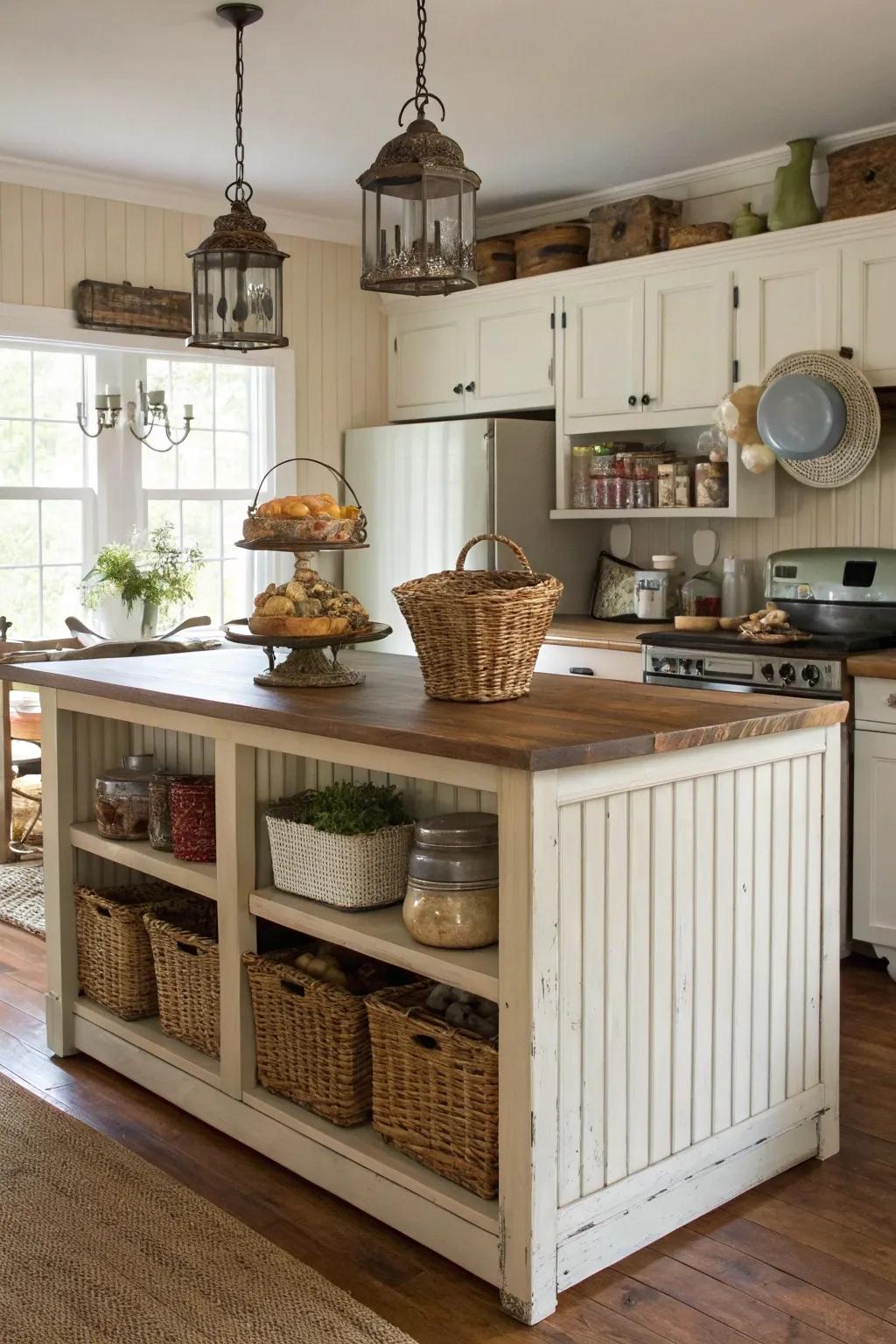 Farmhouse-inspired island featuring appealing grooved board paneling.