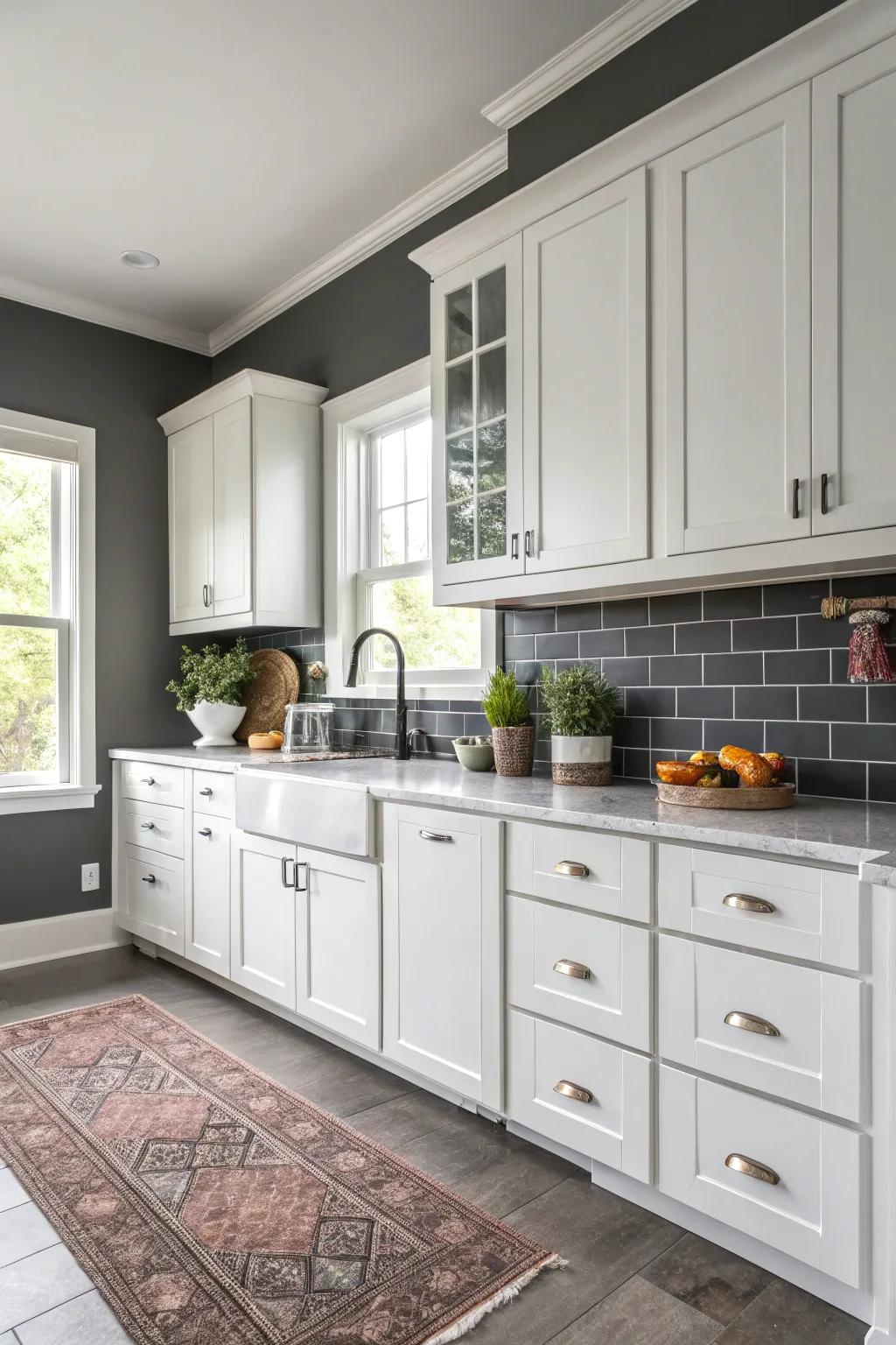 Coal gray walls provide a chic and modern contrast with white fittings.