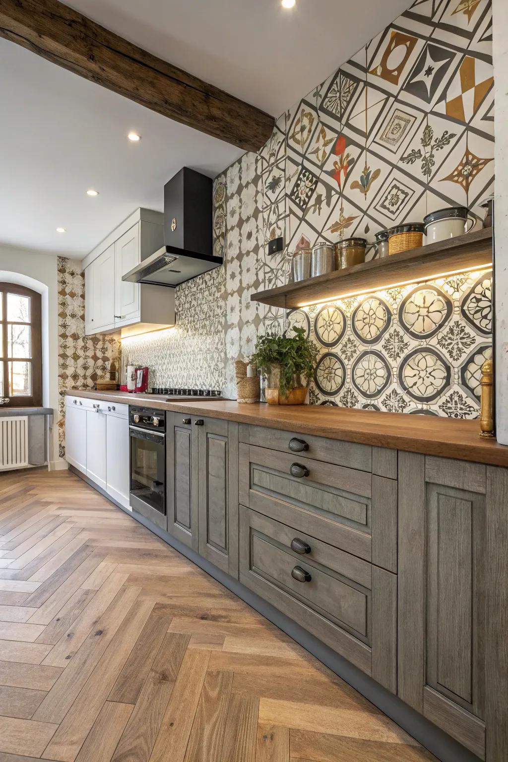 A kitchen featuring patterned panels and wood flooring for added personality.