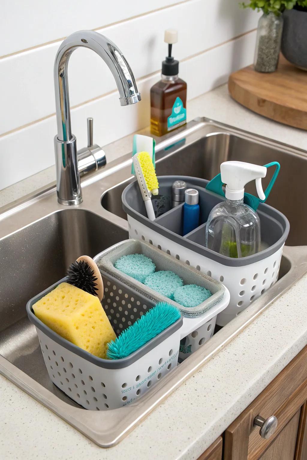 Extensible containers offer versatility for different sink sizes.