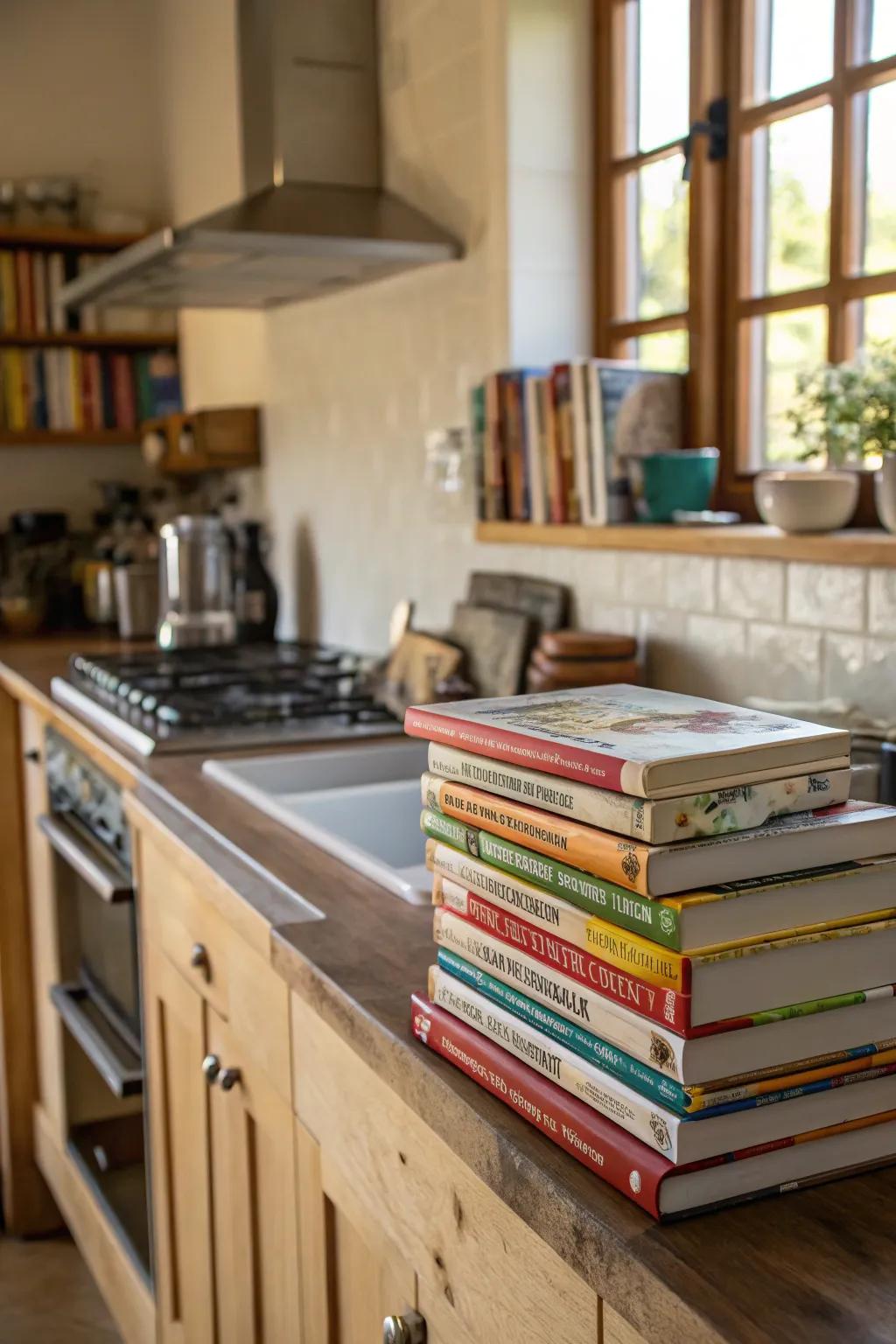 Cookbooks provide both energy and design in kitchen area decor.