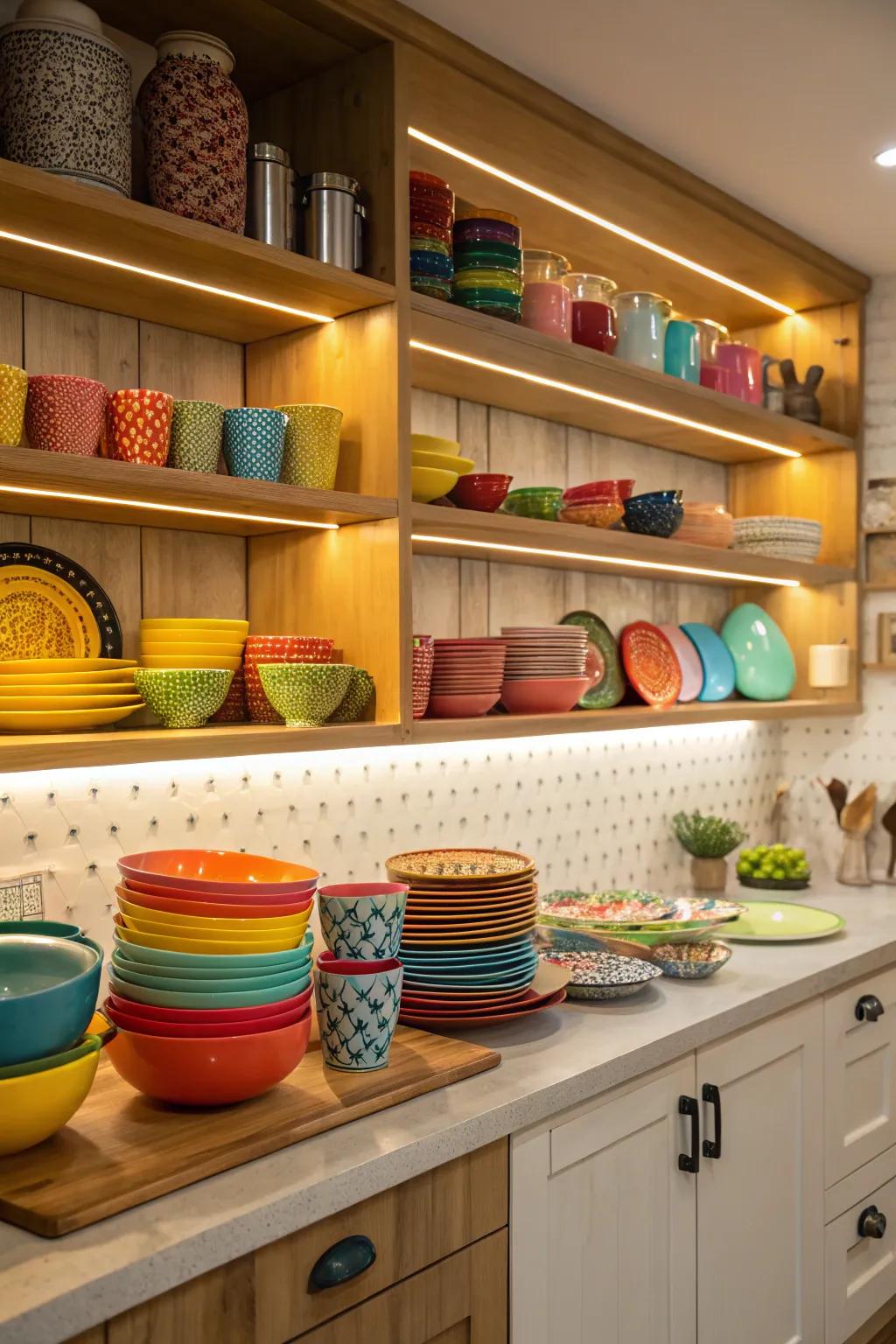Open storage introduces personality and space to the cooking area.