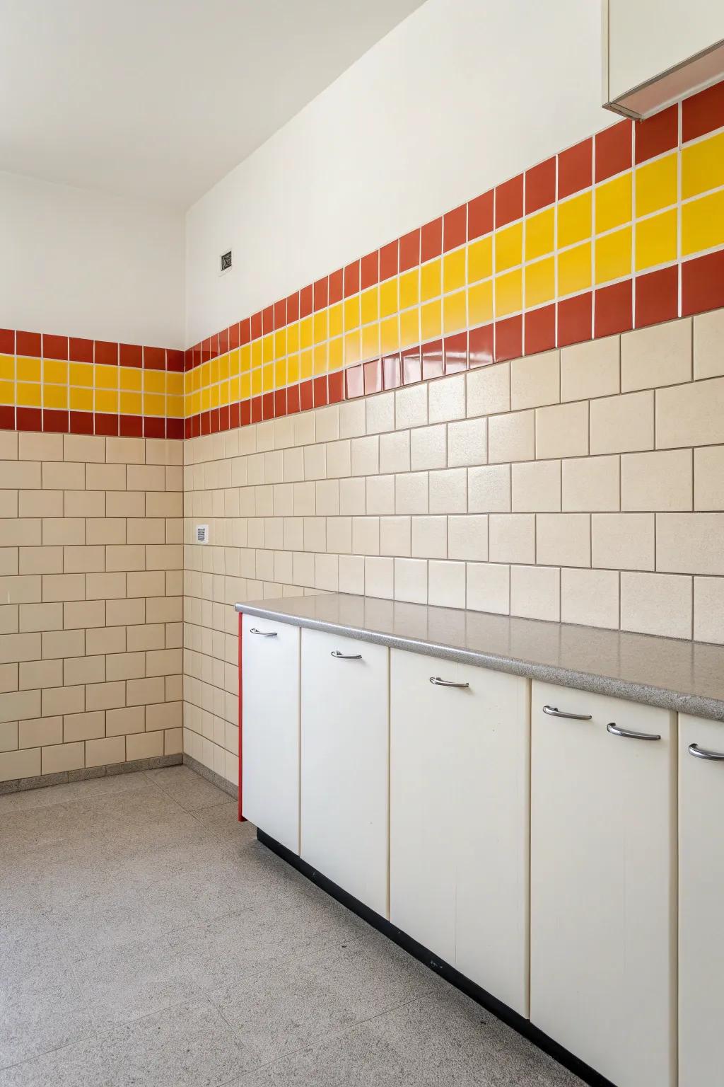 Soft tiles with a vibrant highlighted stripe add a pop of color to this minimalist kitchen.