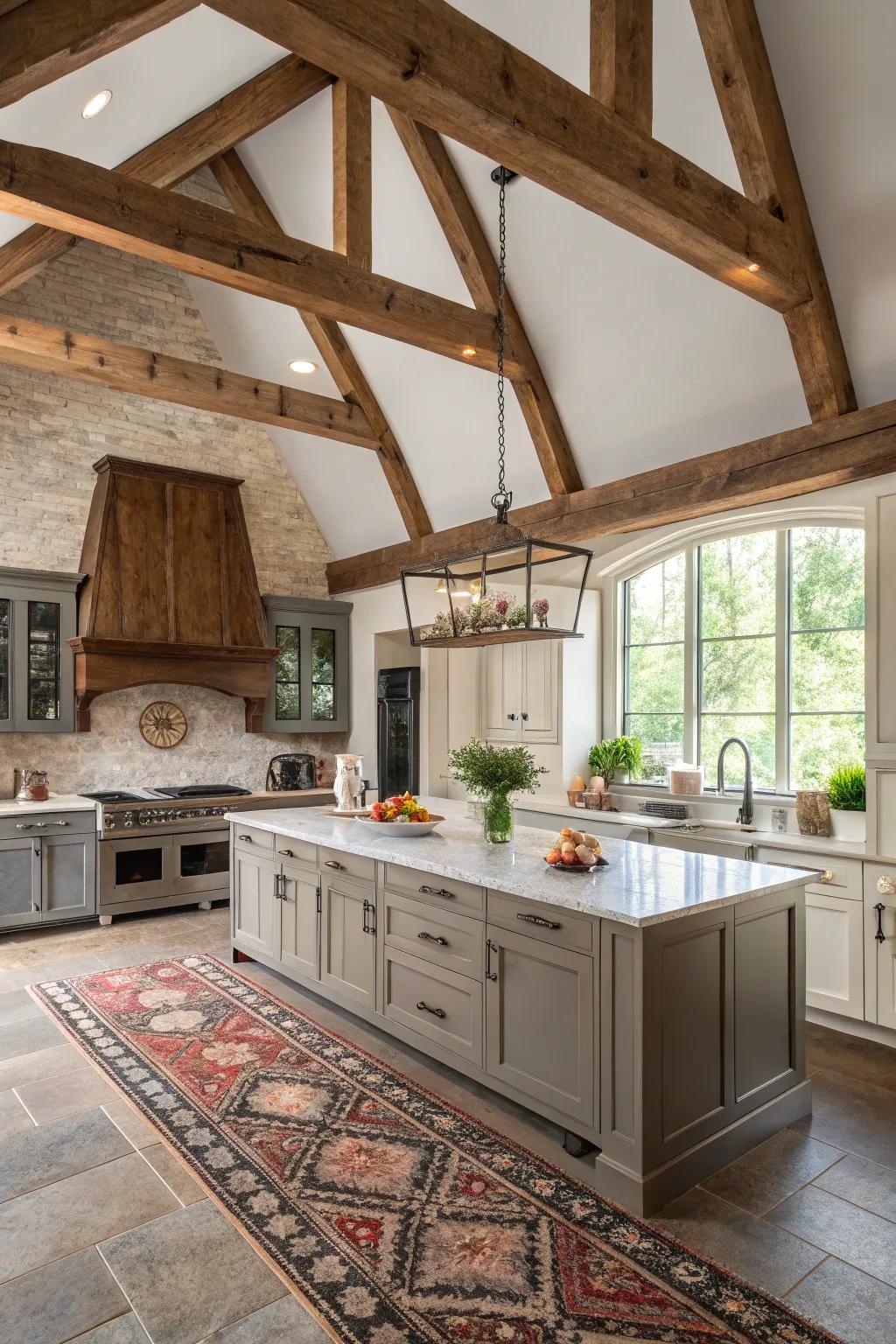 A balanced mix of natural and contemporary elements in a kitchen featuring a vaulted ceiling.