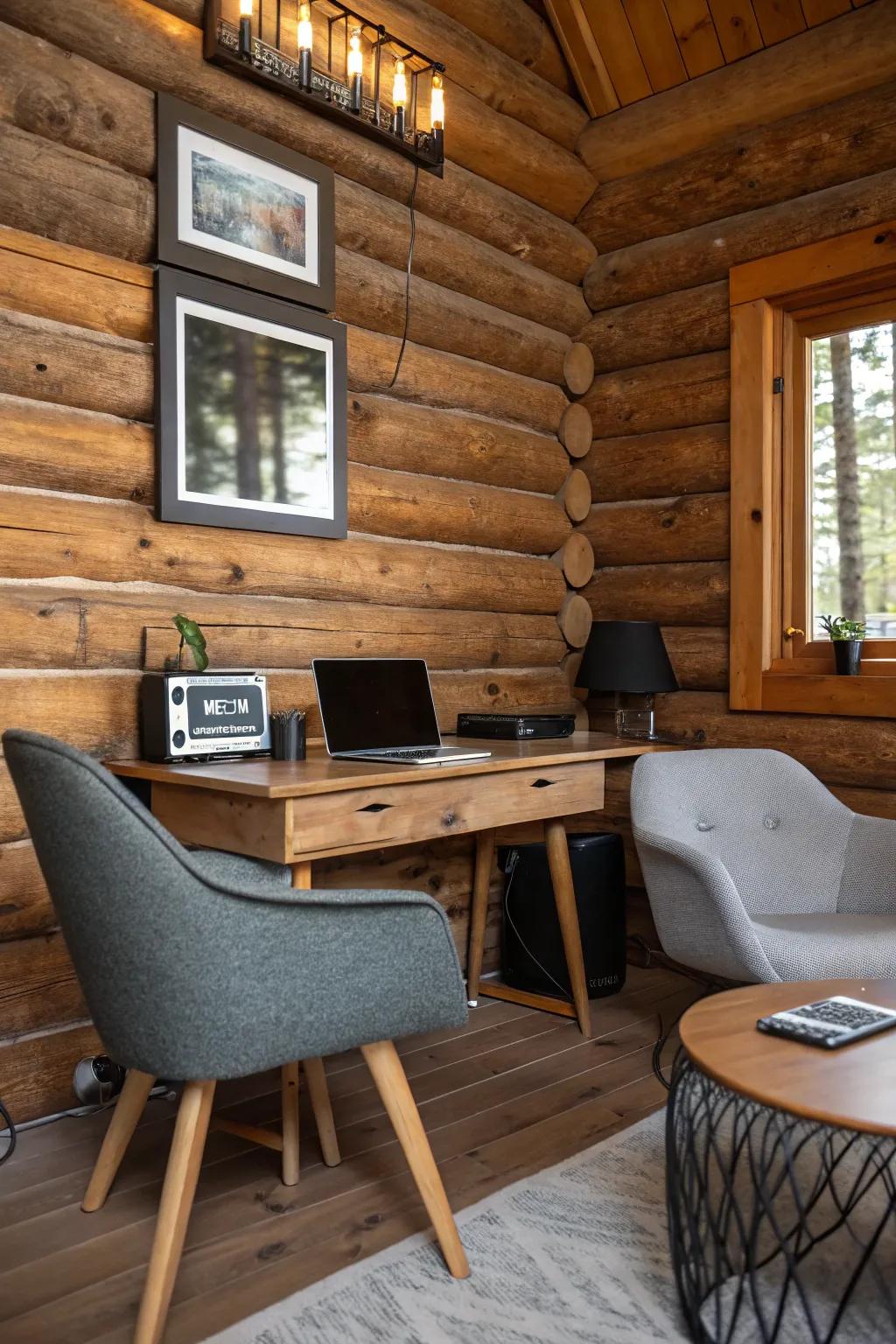 Contemporary luxuries meet traditional pine paneling charm.