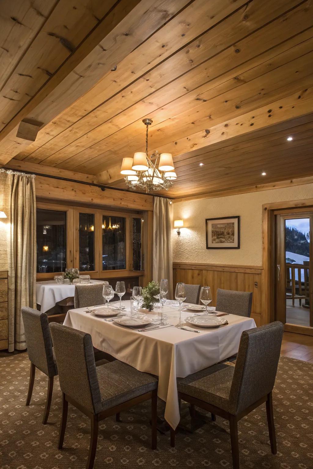 A dining space where wood-clad ceilings enhance the dining experience.