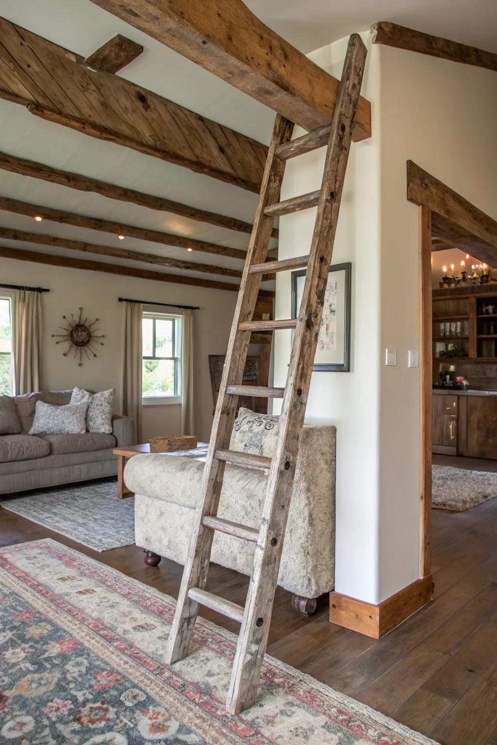 A distressed ladder infuses an element of rustic charm into your decor.