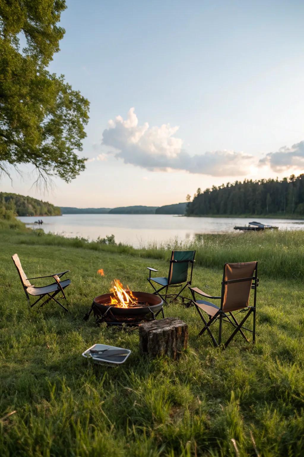 A portable fire pit offers flexibility and ease for any lakeside gathering.